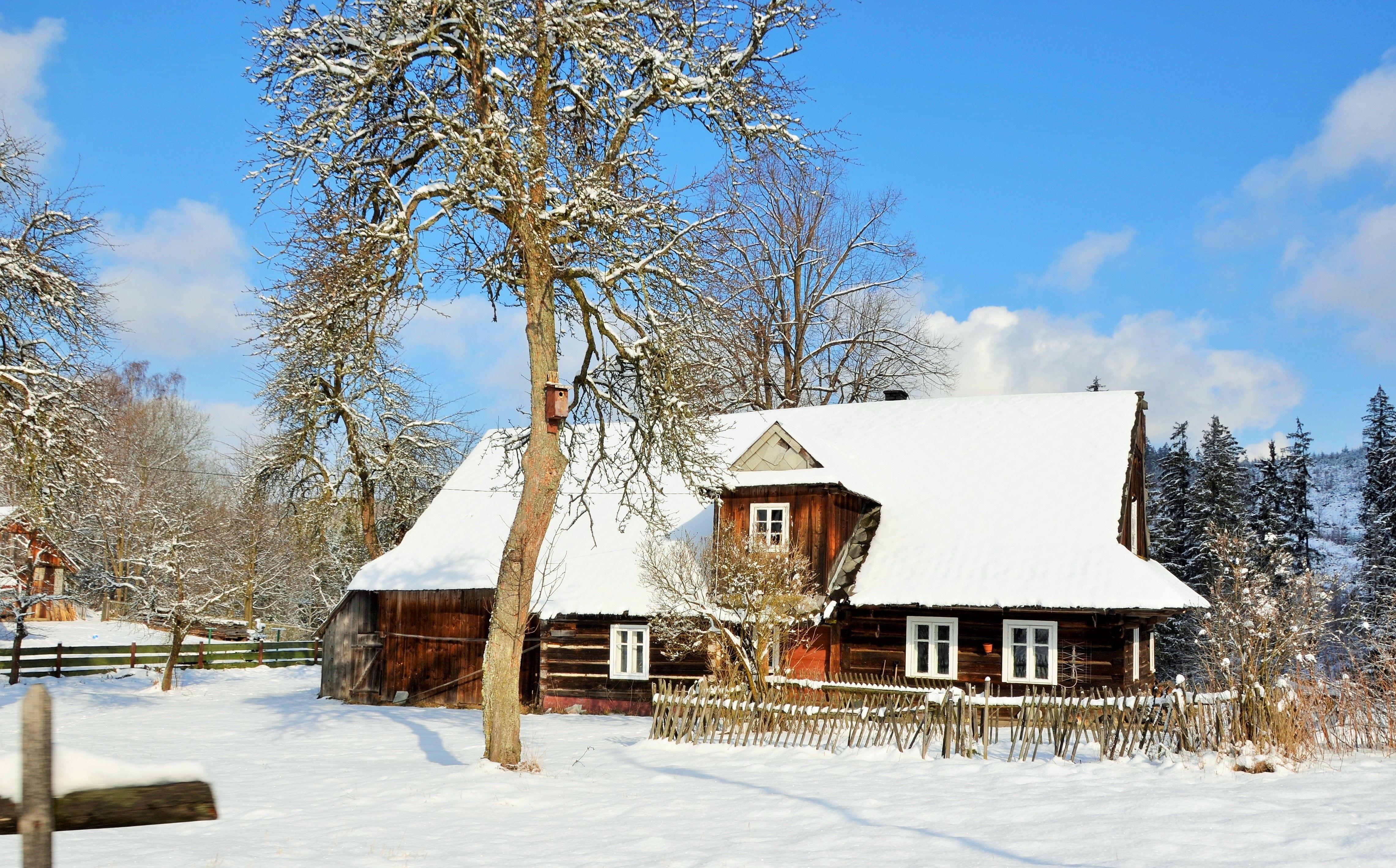 Stara drewniana chałupa góralska w zimowej, śnieżnej scenerii. Przed budynkiem fragment
drewnianego ogrodzenia oraz drzewo z zawieszoną budką dla ptaków.