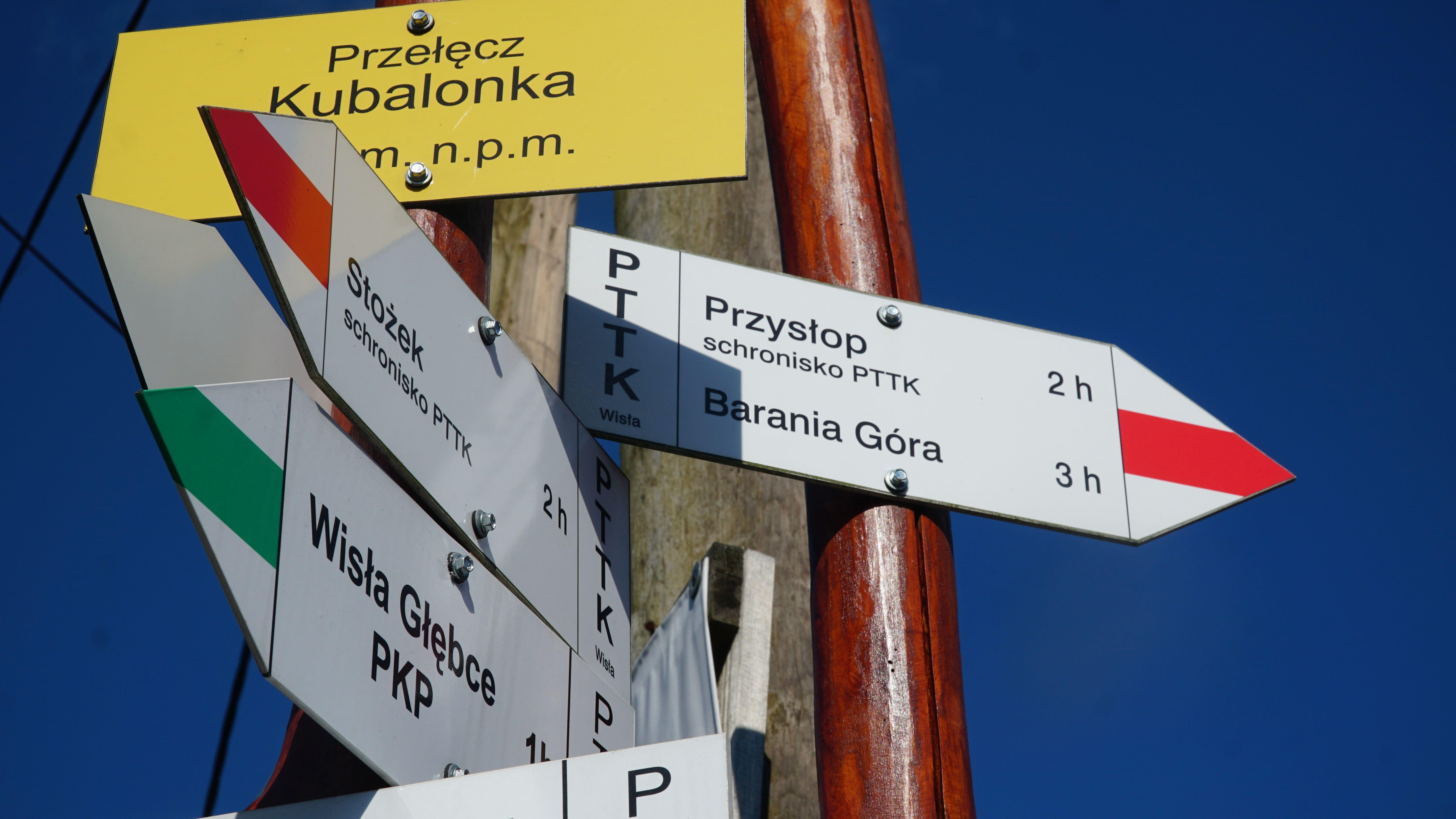 Oznaczenia turystyczne znajdujące się na Przełęczy Kubalonka, wskazujące kierunki między innymi w
stronę Stożka, Wisły-Głębce czy Baraniej Góry.